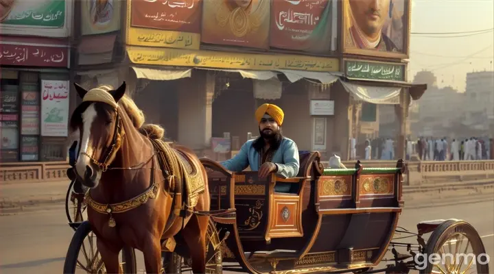 8k wide shot of a 23-year-old Pakistani man with worn, earth-toned clothing and a worn leather turban, driving his simple, ornate horse-drawn carriage with intricate wooden carvings, fast running down a busy Lahore road amidst a kaleidoscope of colorful street vendors, vibrant billboards, and historic architecture, bathed in the warm, golden early morning light, with the sun peeking through the dense fog, casting a cinematic glow, as the horse's hooves echo through the bustling street, surrounded by wispy morning smoke and the sweet aroma of freshly baked naan.