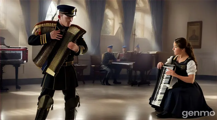 Imagine a military hospital.Wounded soldiers. A wounded soldier is sitting on a bed playing the accordion. A beautiful girl in a military tunic, skirt and black soldier boots is dancing a waltz. Cinematic style. Studio video professional video