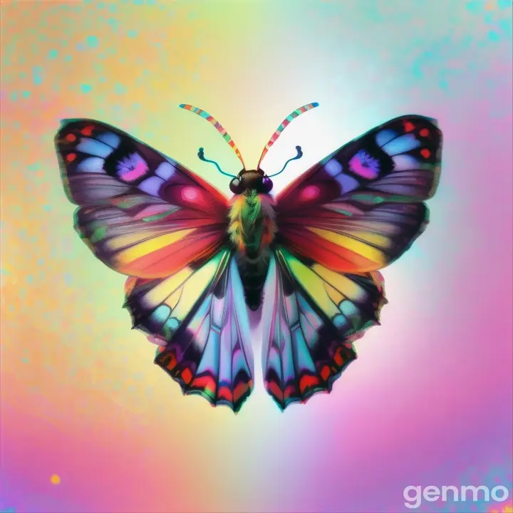 A brightly-colored moth sitting on a white background, surrounded by swirling, kaleidoscopic patterns