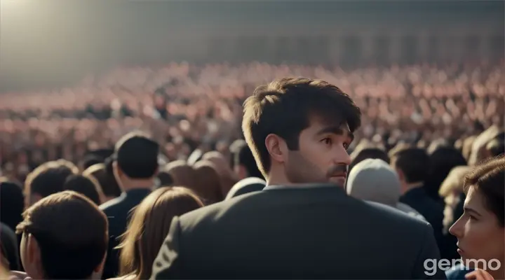Produce a high-definition, highly realistic video showing a person in the middle of a crowd hearing a familiar voice, with the camera moving from side to side to capture the feeling of confusion.


