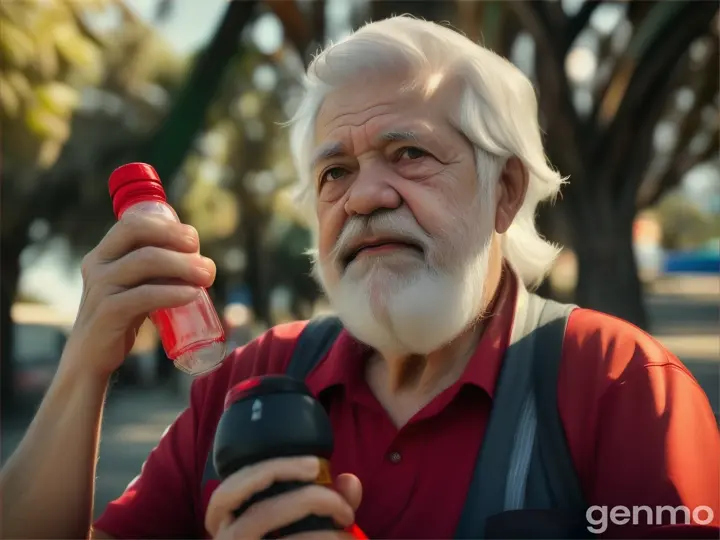 Lula da Silva, an old man with a belly, white hair and short white beard, wearing a red shirt and using a water bottle as a microphone