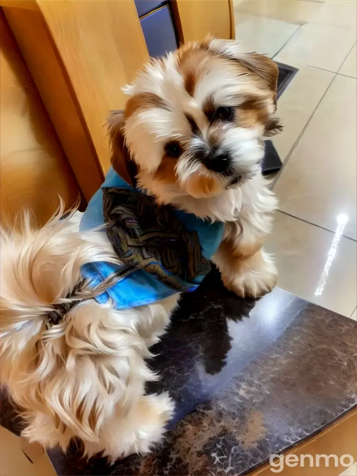 a small brown and white dog sitting on top of a counter