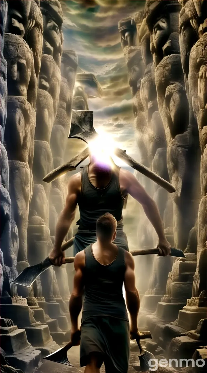 a man with an ax is walking through a cave