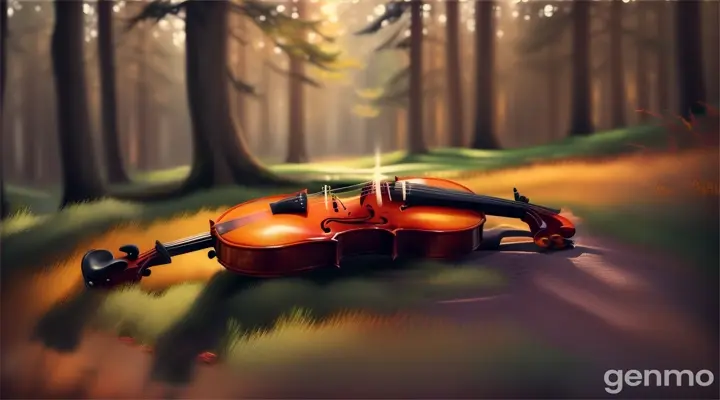 a painting of a violin in a forest