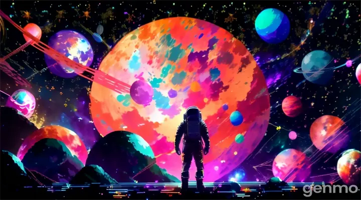 a space man standing in front of space filled with planets and stars