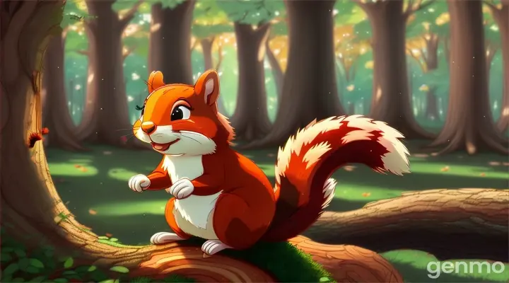 playfull cartoon of a happy squirrel under a tree in a forestin 16:9 ratio