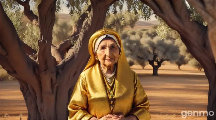 A ninety-year-old Muslim woman, dressed in traditional dress, stands by ancient olive trees. His face has a calm and wise expression, his eyes reflect the passage of time. The olive trees, with their gnarled trunks and lush leaves, stand tall and healthy, with ripe, golden olives. In the background, a king dressed in royal robes watches the scene with awe and reverence. The sun sets in the horizon, casting a warm, golden glow over the whole scene, symbolizing the fulfillment of a long-awaited promise.