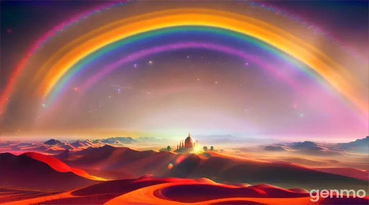 Symphony orchestra playing under the colorful hues of a rainbow-filled sky in an endless desert