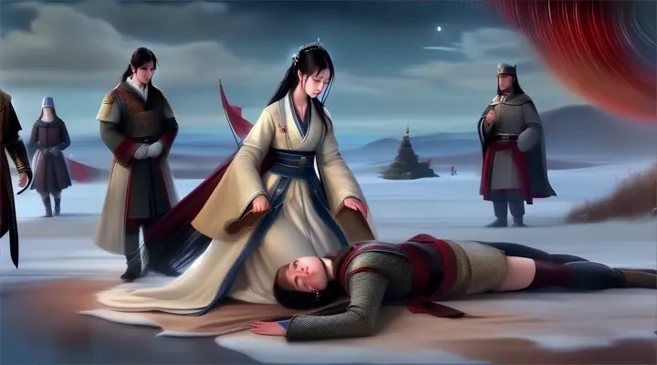 On this silent night, like an unfinished epic poem, quietly drifting away in the wind.
A noble lady, graceful and dignified, with a steady pace, followed by loyal guards.
She happened to pass by here, stopped, and stood in front of the unconscious person on the ground., advertising style