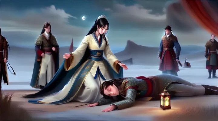 In this silent night, the gentle breeze quietly disperses.
A noble lady, graceful and elegant, walks steadily with loyal guards following behind.
She happened to pass by here, paused, and stood in front of the unconscious person on the ground.
keep the characters their face from original picture., advertising style