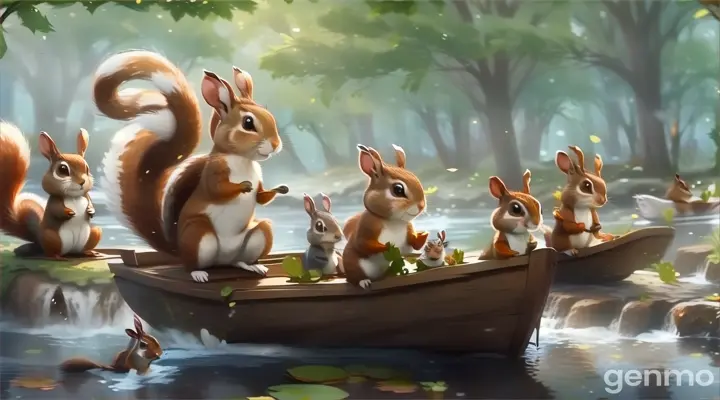 the bunny, the squirrel, and the chipmunk are gathered by the stream, constructing little boats out of leaves. 