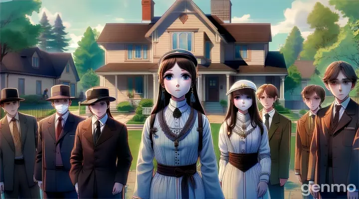 a group of people standing in front of a house