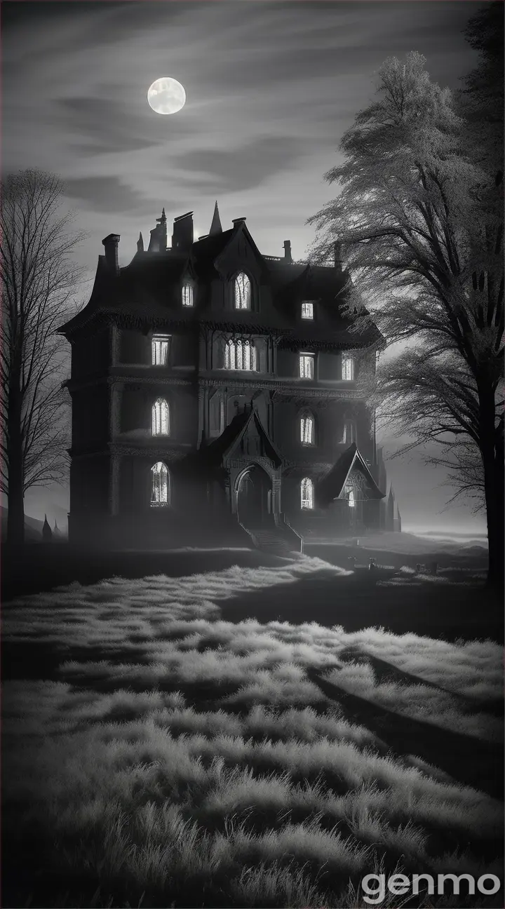 "An old, eerie mansion standing isolated at the edge of a village under a moonlit night, with shadows suggesting the presence of a witch."
