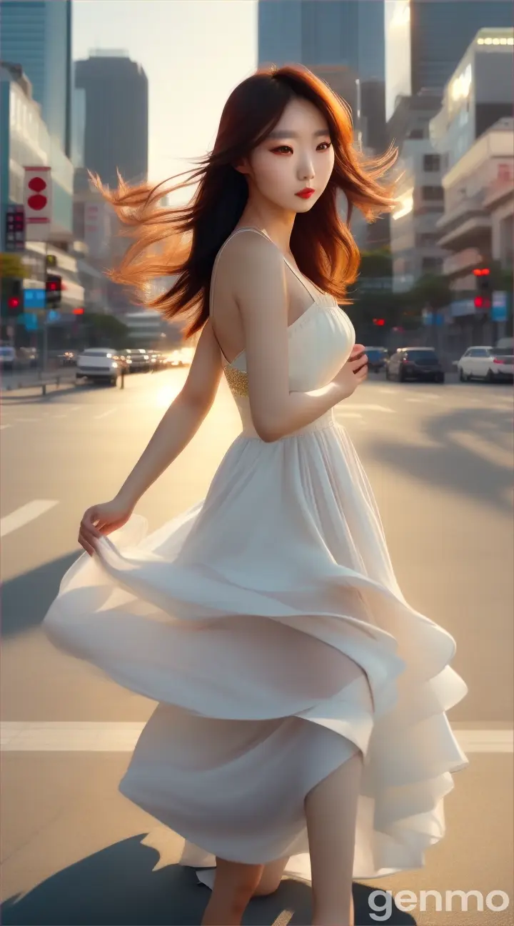 Korean model in an flowing dress, running towards viewer with hair windswept, bright city in background, 9:16 ratio, perfect and prominent features, beautiful, professional video