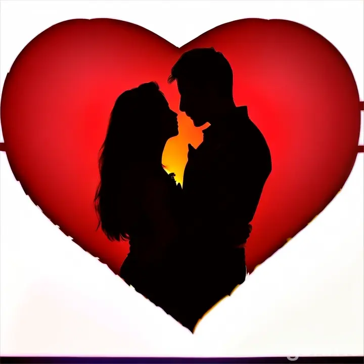 a silhouette of a couple kissing in front of a heart