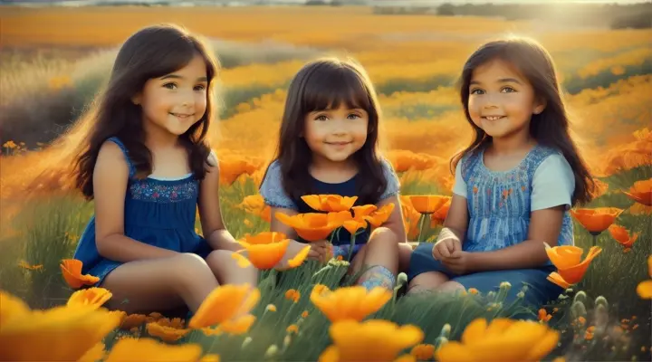 A group of diverse children sitting in a field of California poppies.