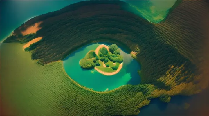 Aerial view of a lake in the shape of a daisy 