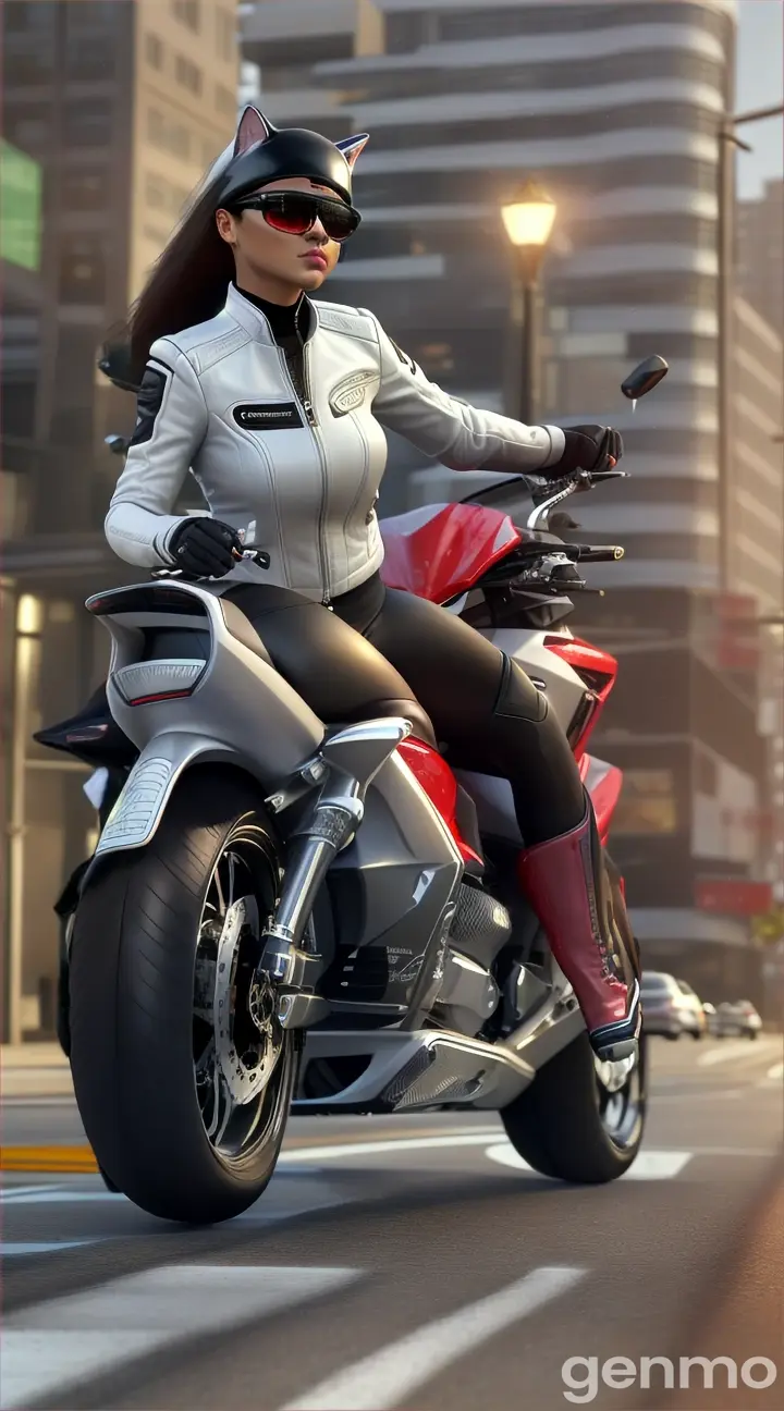 Create a 3D image of a humanlike, sexy female cat character seamlessly integrated into the dynamic Grand Theft Auto world. The cat should have an athletic, curvaceous build with sleek fur in shades of gray and white. Dress her in a form-fitting red leather jacket, black leather pants, and stylish boots. Position her confidently riding a sleek, high-performance motorcycle through a bustling urban environment typical of Grand Theft Auto, featuring towering skyscrapers, neon signs, graffiti, and fast cars. Ensure detailed textures for her fur, clothing, and the motorcycle. The scene should be illuminated by the vibrant, chaotic lighting of a city at dusk, capturing the high-energy and edgy atmosphere of the Grand Theft Auto world.