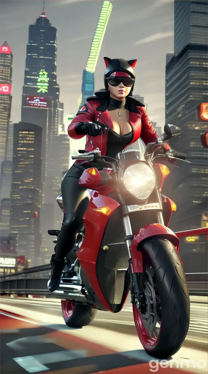 Create a 3D image of a humanlike, female cat character seamlessly integrated into the dynamic Grand Theft Auto world. The cat should have an athletic, curvaceous build with sleek fur in shades of gray and white. Dress her in a form-fitting red leather jacket, black leather pants, and stylish boots. Position her confidently riding a sleek, high-performance motorcycle through a bustling urban environment typical of Grand Theft Auto, featuring towering skyscrapers, neon signs, graffiti, and fast cars. Ensure detailed textures for her fur, clothing, and the motorcycle. The scene should be illuminated by the vibrant, chaotic lighting of a city at dusk, capturing the high-energy and edgy atmosphere of the Grand Theft Auto world.