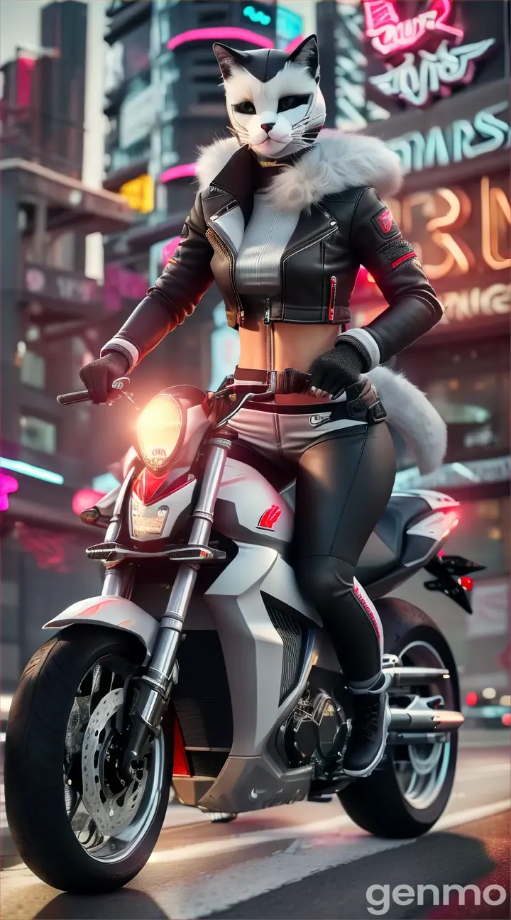 Create a 3D image of a humanlike, female cat character seamlessly integrated into the dynamic Grand Theft Auto world. The cat should have an athletic, curvaceous build with sleek fur in shades of gray and white. Dress her in a form-fitting red leather jacket, black leather pants, and stylish boots. Position her confidently riding a sleek, high-performance motorcycle through a bustling urban environment typical of Grand Theft Auto, featuring towering skyscrapers, neon signs, graffiti, and fast cars. Ensure detailed textures for her fur, clothing, and the motorcycle. The scene should be illuminated by the vibrant, chaotic lighting of a city at dusk, capturing the high-energy and edgy atmosphere of the Grand Theft Auto world.