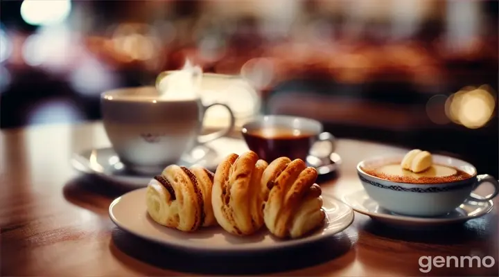 a steamy cup of tea on the table with bakery