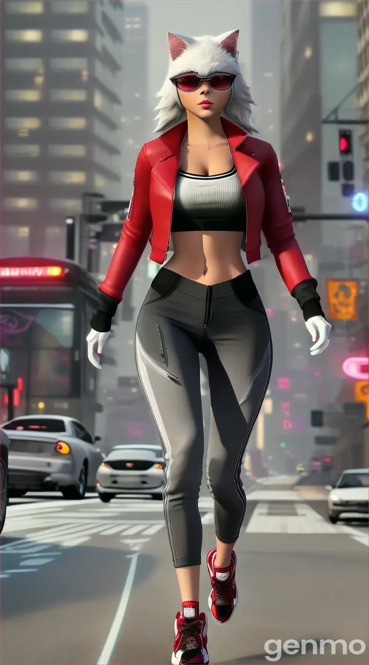 Create a 3D image of a humanlike female cat character that fits seamlessly into the dynamic world of Grand Theft Auto. The cat should have a sleek, athletic build with fur featuring shades of gray and white. Dress her in a stylish red leather jacket, black jeans, and sneakers. Position her running through a bustling urban environment typical of Grand Theft Auto, with elements such as towering skyscrapers, neon signs, graffiti, and fast cars. Ensure detailed textures for her fur, clothing, and the urban setting. The scene should be illuminated by the vibrant, chaotic lighting of a city at dusk, capturing the high-energy and fast-paced atmosphere of the Grand Theft Auto world."