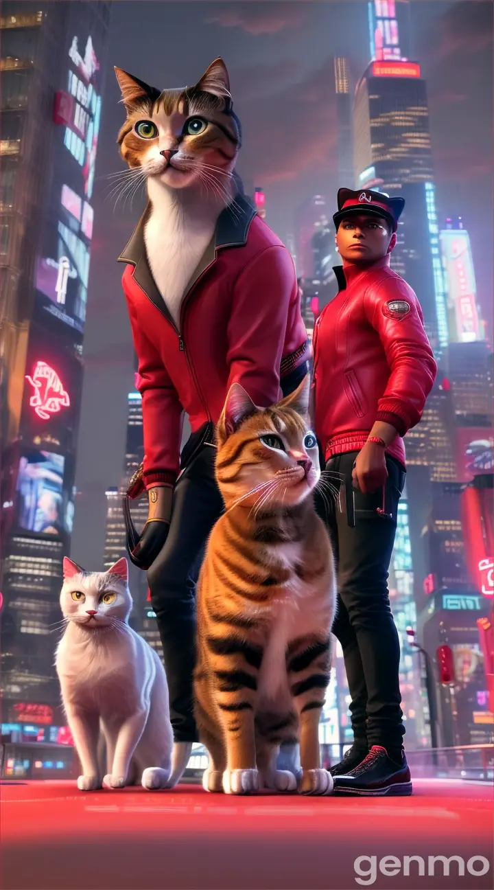 Create a 3D image of a humanlike male cat and a humanlike female cat, both wearing stylish red jackets. They are meeting on a bustling street in the vibrant, urban environment of the Grand Theft Auto (GTA) world. The scene is filled with neon lights, towering skyscrapers, and a mix of sleek cars and motorcycles. The male cat has a confident, street-smart look, while the female cat exudes elegance and mystery. They stand under a flickering streetlamp, with the city's chaos unfolding around them. Both look happy






