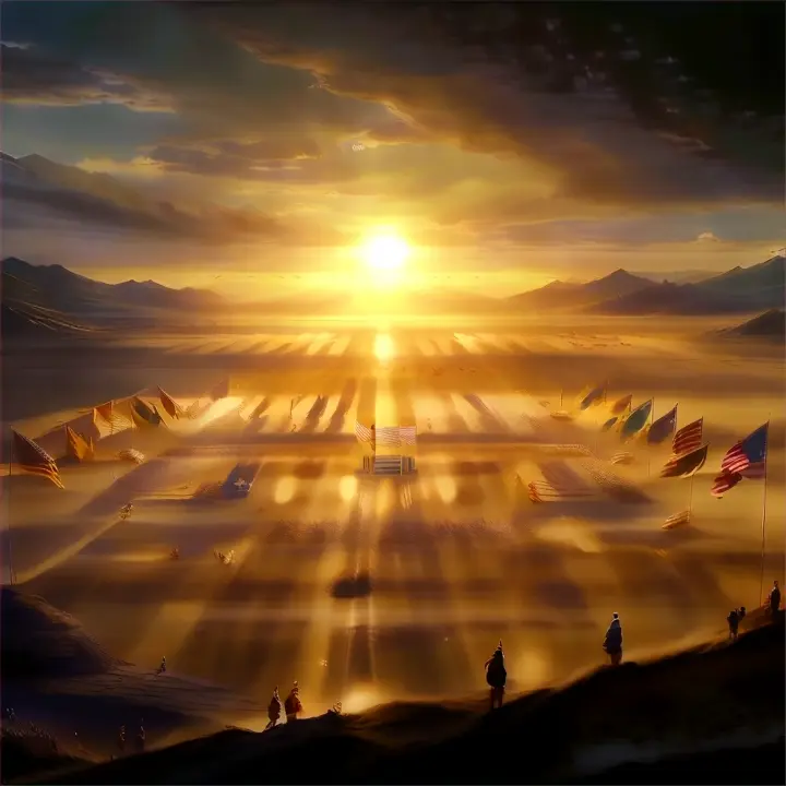 Can I request that more 3-D animation? 
In the wilderness of the yellow sand, the setting sun slants down, casting golden light in all directions. The flag flutters in the wind., advertising style