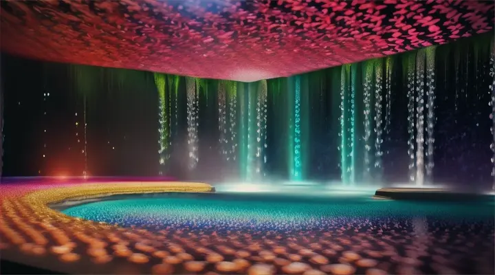 A waterfall, made entirely of flowers, with fireworks exploding behind and through it