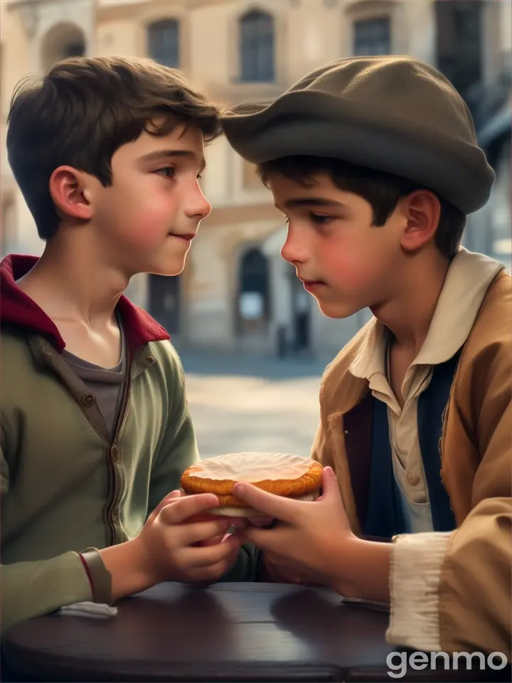 Niño y el mendigo comiendo juntos El alfajor