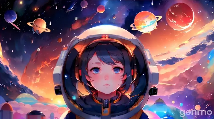 a girl in a space suit with planets in the background