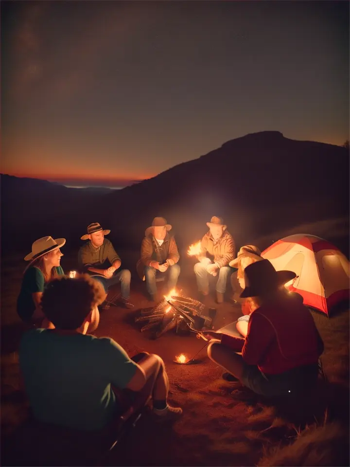 Beneath a canopy of stars, a roaring campfire casts a warm glow upon a circle of friends, their faces illuminated by its flickering light as they share stories and laughter beneath the vast expanse of the night sky., advertising style