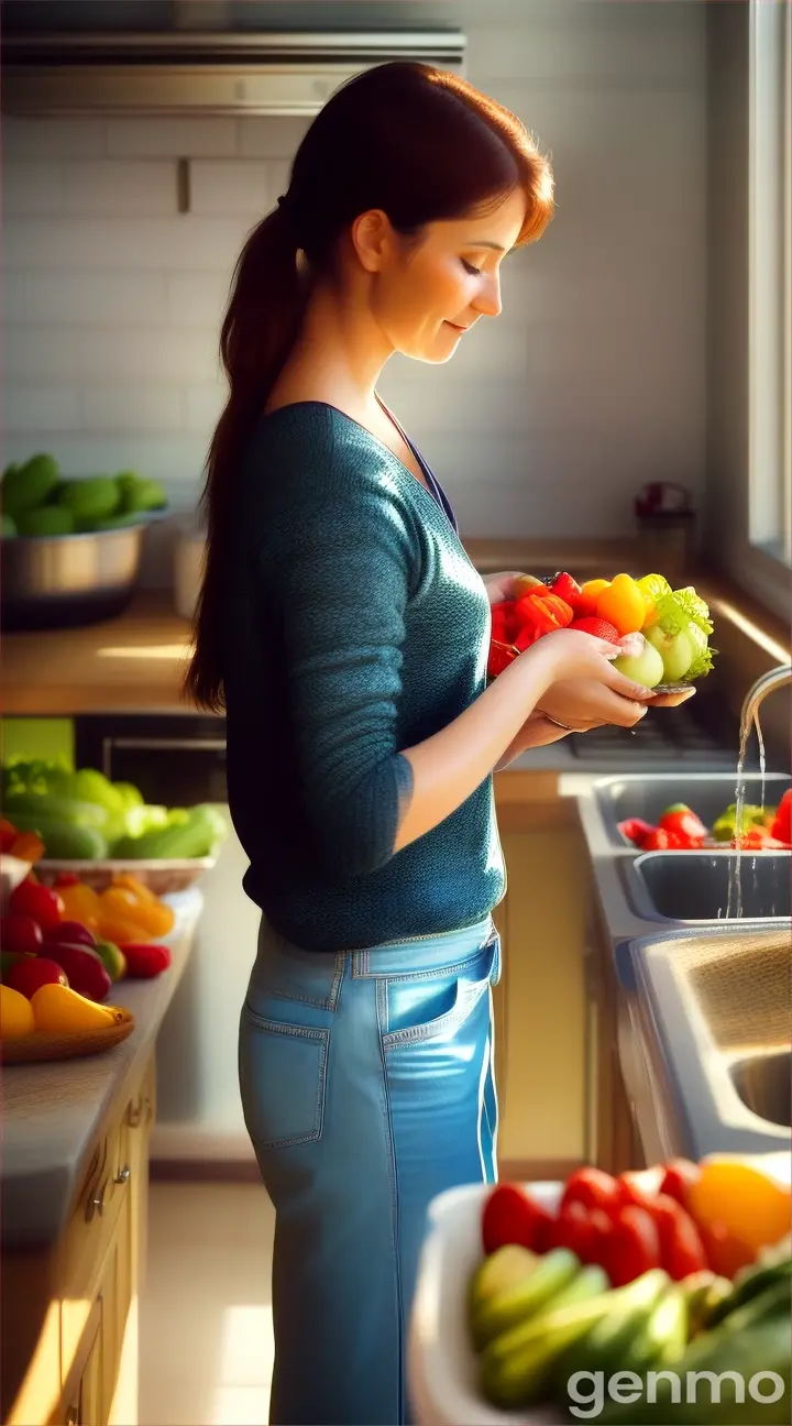 Woman washing vegetables and fruits