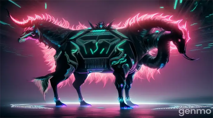 A mesmerizing portrait, neon-lit creature with a fish-like physique with ostrich legs, and with thing long horns, against a dark, gritty black background. The creature's body is a canvas of vibrant, multicolored lights, with intricate patterns and designs that seem to shift and pulse in the light. Its eyes glow like bright, neon embers, while its ears are adorned with gleaming, metallic accents. The creature's reflection is visible on a shiny, wet surface below, giving the impression of a dark, rain-soaked alleyway. The overall effect is a fusion of cyberpunk and horror elements, with the creature's electrifying appearance seeming to crackle with energy and tension. The image is a remix of contrasting styles, blending the natural and the synthetic in a way that's both captivating and unsettling., wildlife hyper realistic photography, UHD HD HDR 16K