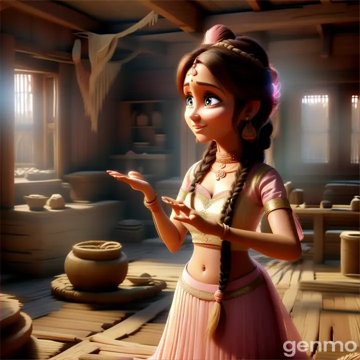 a beautiful girl wearing light pink lehenga with two braids standing in poor  wooden room  looking at her palm 3D animation cartoon zoom out 