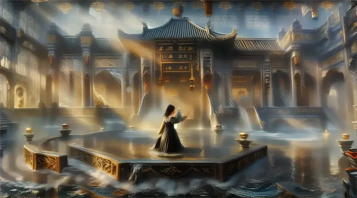  This is Chinese engine story .
The main character she is Secretly hiding into the water.
Request CGI movement.
request all waters are waving.
request do not change the main characters, her body and her face different as original picture., advertising style
