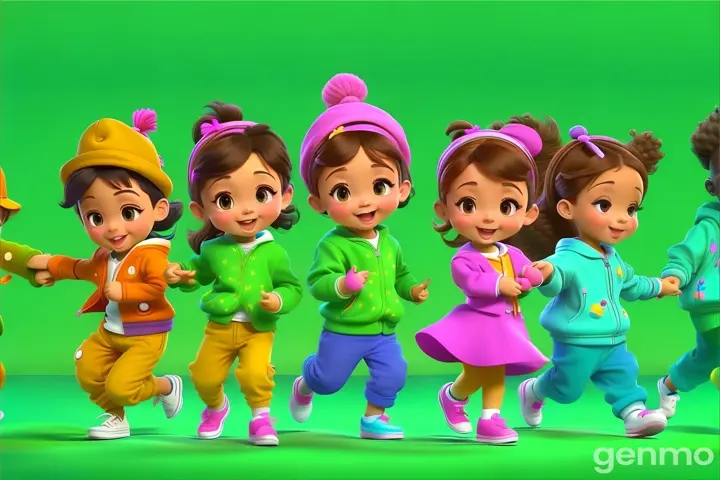 a group of children in colorful clothing on a green background