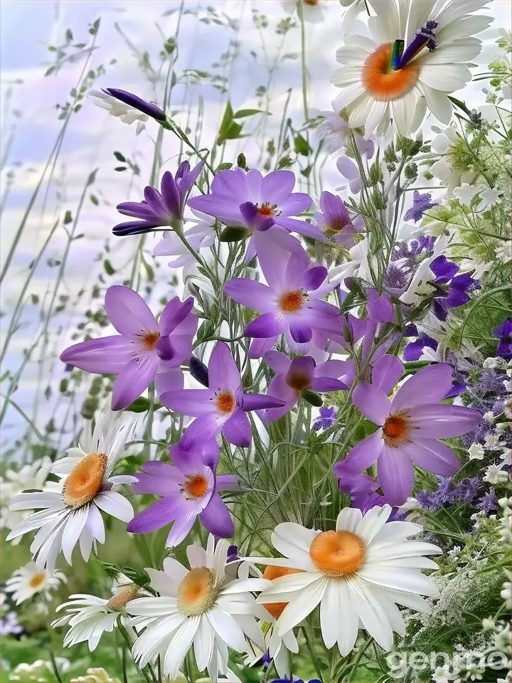 a bunch of purple and white flowers in a field  only movement from the wind