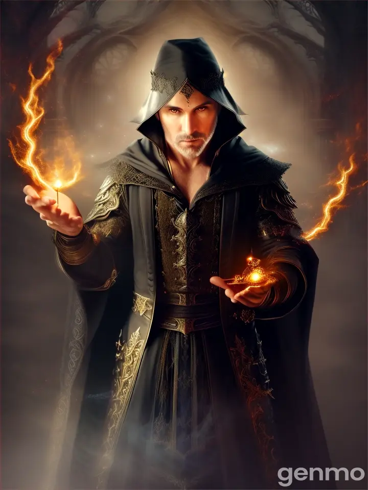 realistic style sorcerer casting a spell with eerie lighting