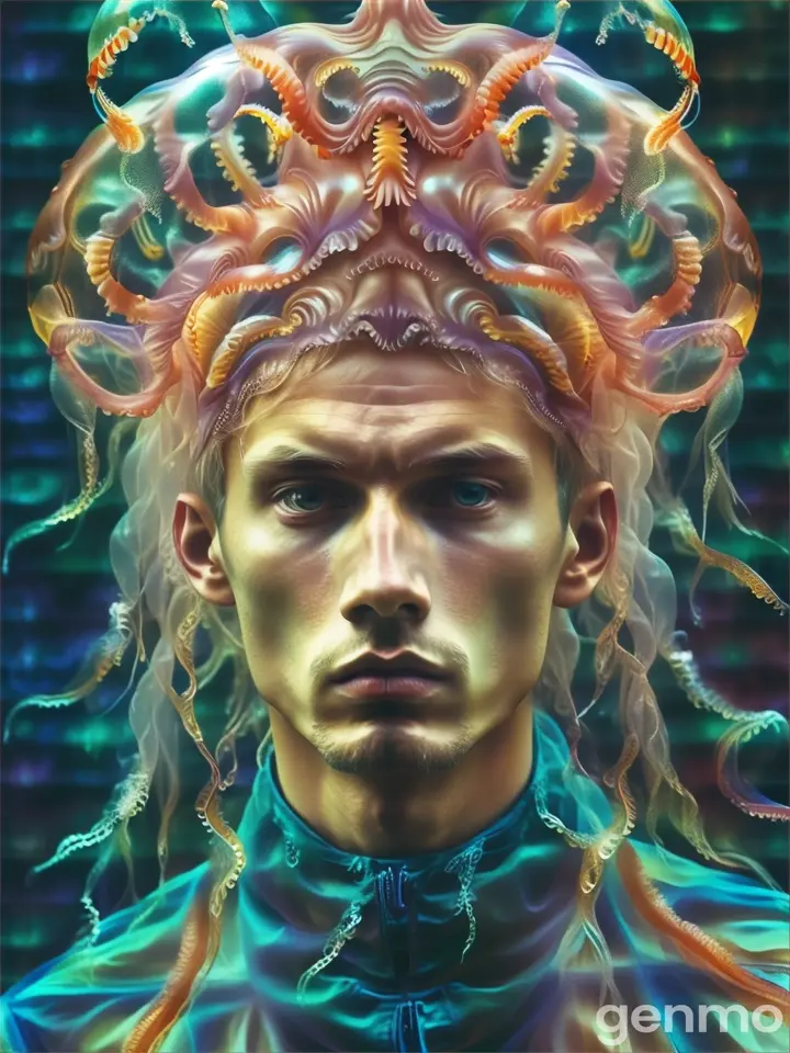 Jellyfish-headed man dancing in a whimsical, underwater ballroom with floating jellyfish lanterns
