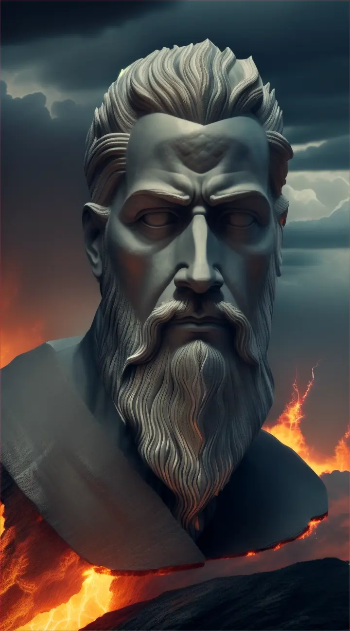 Chiseled portrait of Epictetus amidst fiery ruins with an epic thunderstorm in the dark sky.