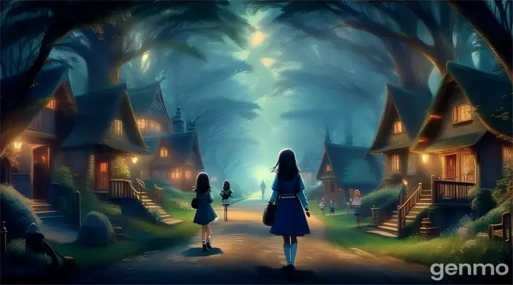 - Show Rina walking through the village, villagers looking at her with a mix of curiosity and concern.
- Transition to Rina leaving the village boundaries, heading towards the mansion.
- Background: Scenic village path leading to a dense, eerie forest.