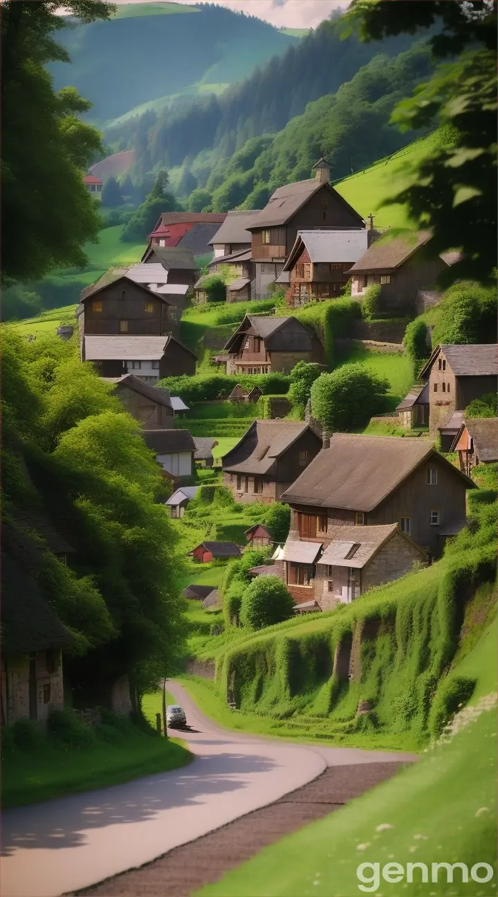 "A quaint, small village surrounded by lush greenery and simple, rustic houses."