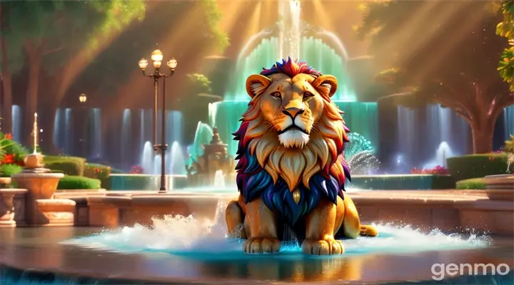 creation of  a single cartoon lion  is sitting in sparkling stream  and sparkling fountain is produced around here and he is roaring 16:9