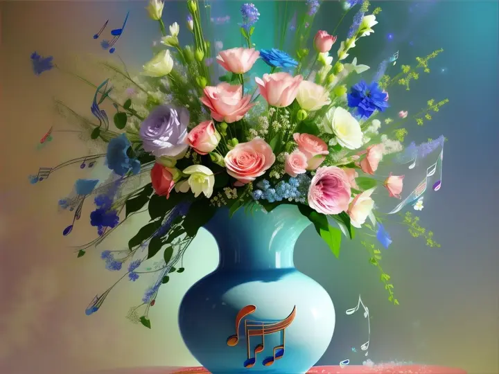 Beautiful vase geyser of flowers and musical notes with flowers spinning and generating blue realistic flowers and large musical notes in the same direction. Homogeneous green background.”