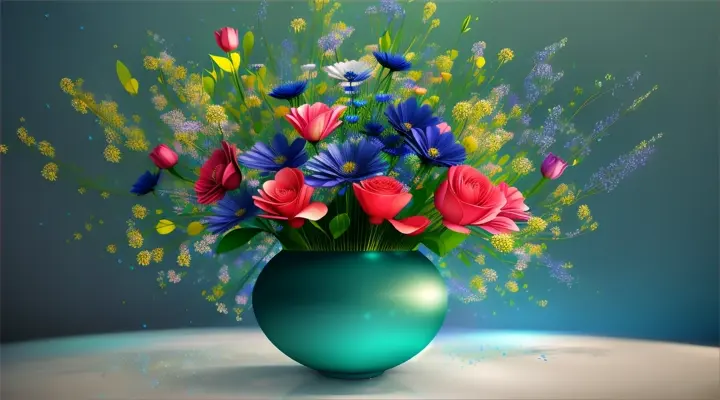 Beautiful vase geyser of flowers and musical notes with flowers spinning and generating blue realistic flowers and large musical notes in the same direction. Homogeneous green background.”