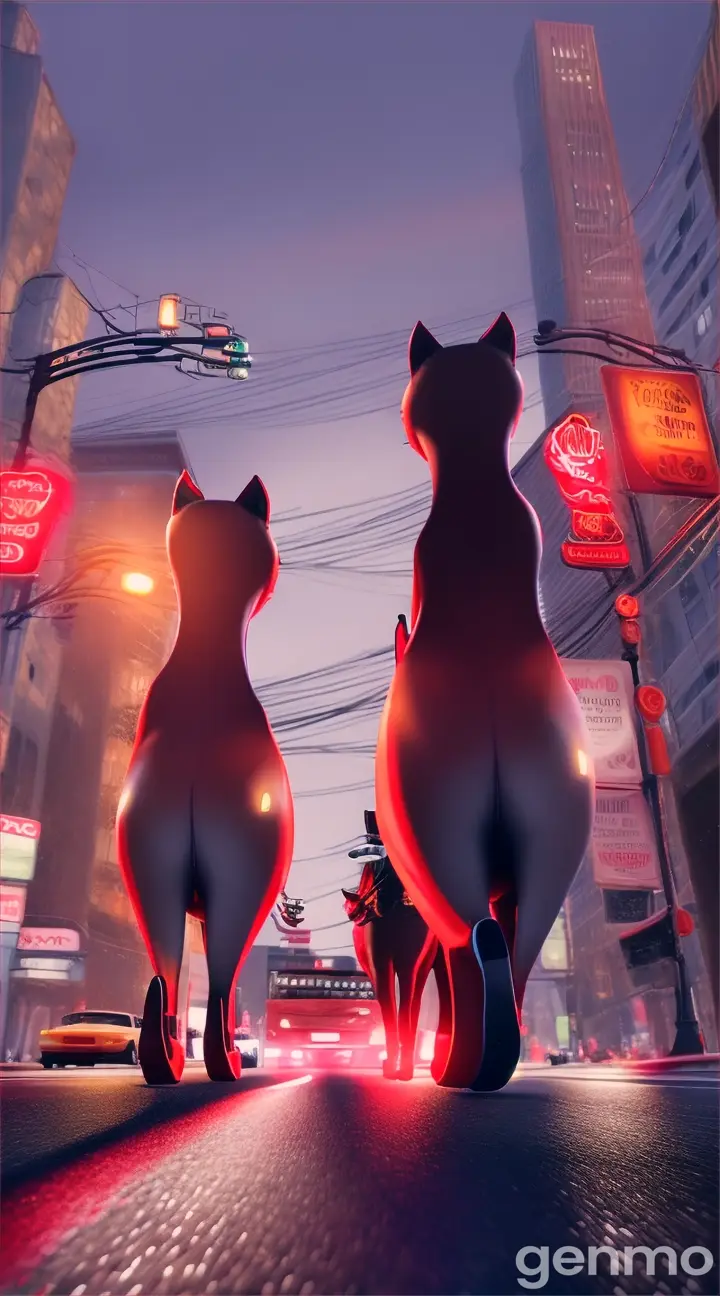 Create a 3D image of a humanlike male cat and a humanlike female cat, both wearing stylish red jackets. They are running on a bustling street in the vibrant, urban environment of the Grand Theft Auto (GTA) world. The scene is filled with neon lights, towering skyscrapers, and a mix of sleek cars and motorcycles. The male cat has a confident, street-smart look, while the female cat exudes elegance and mystery. They run under a flickering streetlamp, with the city's chaos 