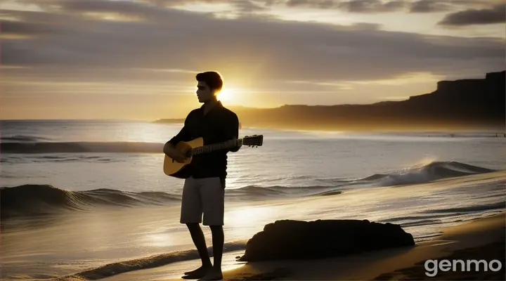 Silhouette of a young man playing the bayan at sunset on a beach, with the waves crashing in the background