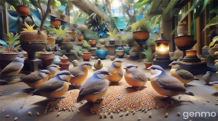 The birds pecking at grains and seeds in a cozy garden setting. They are happily hopping around, finding their food under the shade of trees. full HD