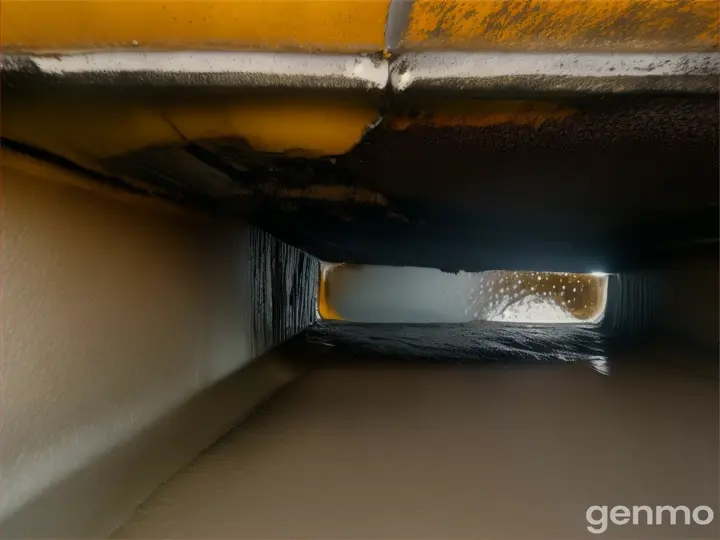 Close-up of the inside of the duct, a large accumulation of fat and oil deposits, grease and oil dripping from the walls of the duct